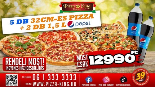 Pizza King 14 Éjszaka - 5 db normál pizza 2db 1,5l Pepsivel - Szuper ajánlat - Online rendelés